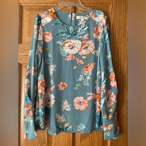 LOFT LONG SLEEVE BLUE AND ORANGE FLORAL PRINT BLOUSE TOP SIZE SMALL